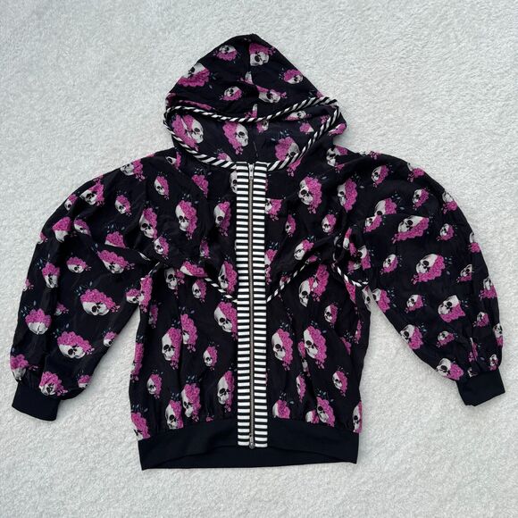 Women's Skull Print Hoodie Floral AOP Washed Silk Puff Sleeves Size M Tilly Rose - Picture 1 of 11